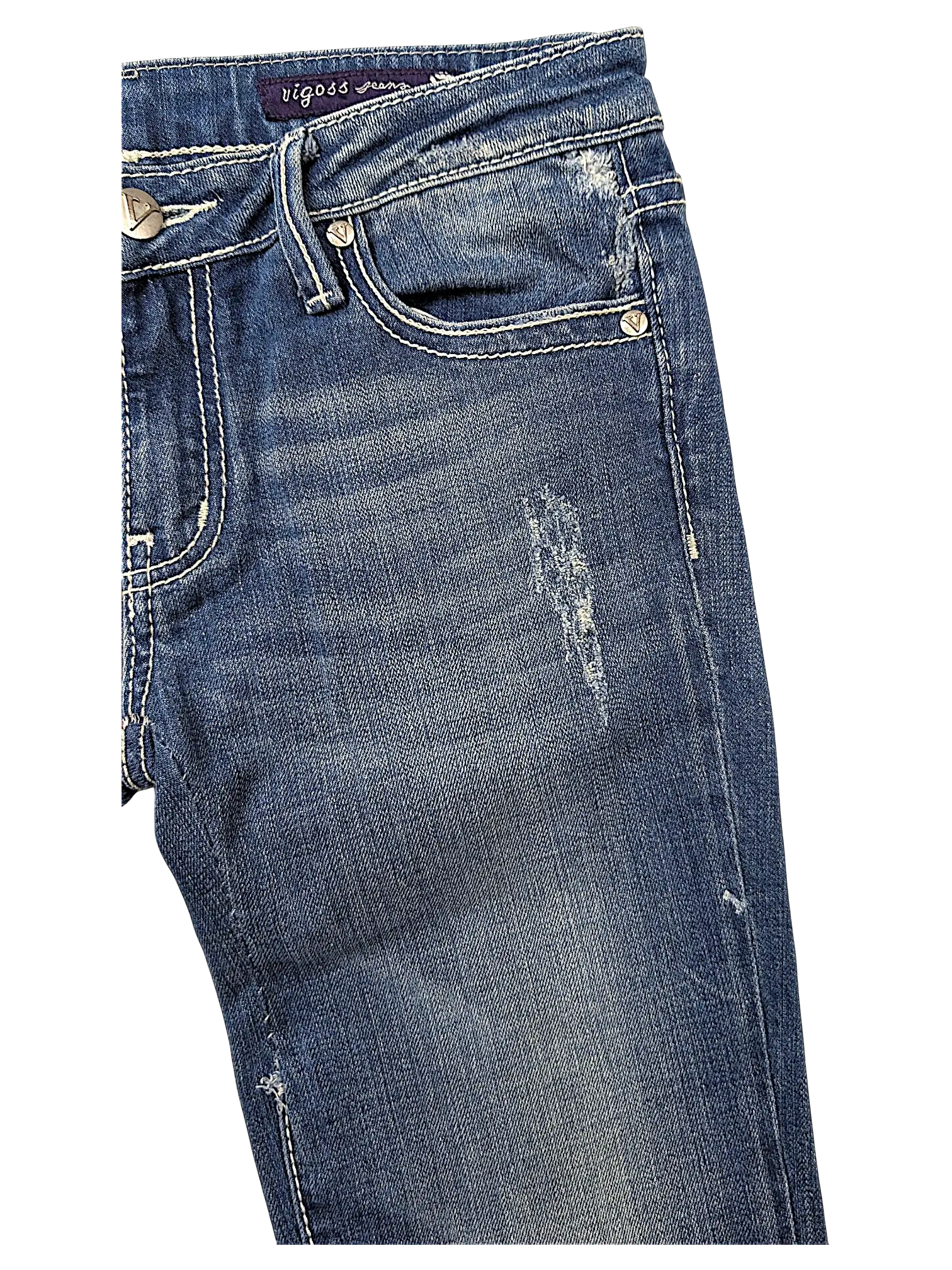 JAKE & IPI Vigoss flare jeans in medium wash denim with distressed detailing and contrast stitching