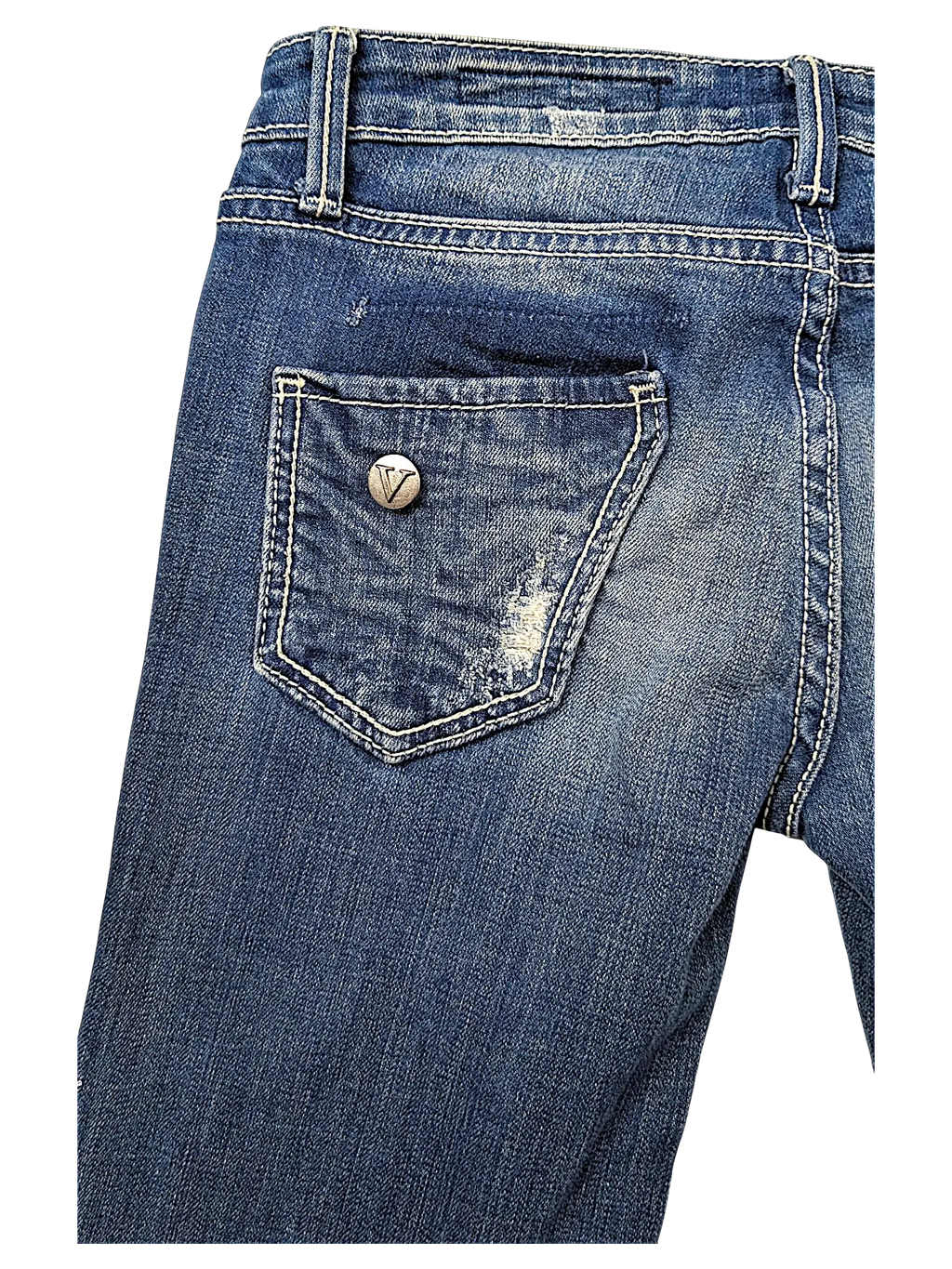 JAKE & IPI Vigoss flare jeans in medium wash denim with distressed back pocket and silver V logo button detail