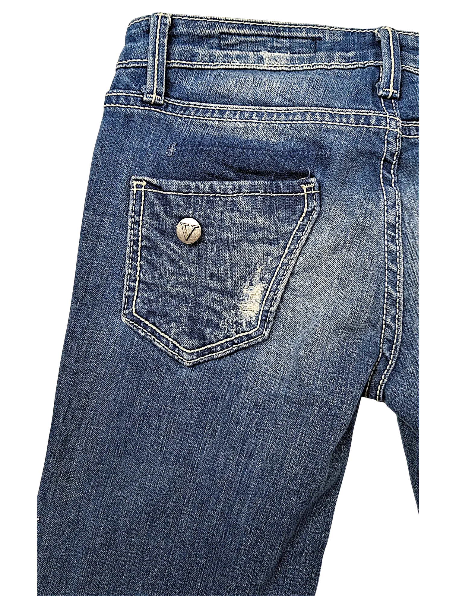 JAKE & IPI Vigoss flare jeans in medium wash denim with distressed back pocket and silver V logo button detail