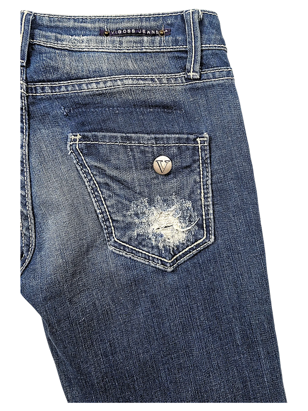 JAKE & IPI Vigoss flare jeans in dark blue denim with a distressed back pocket and silver V logo button detail