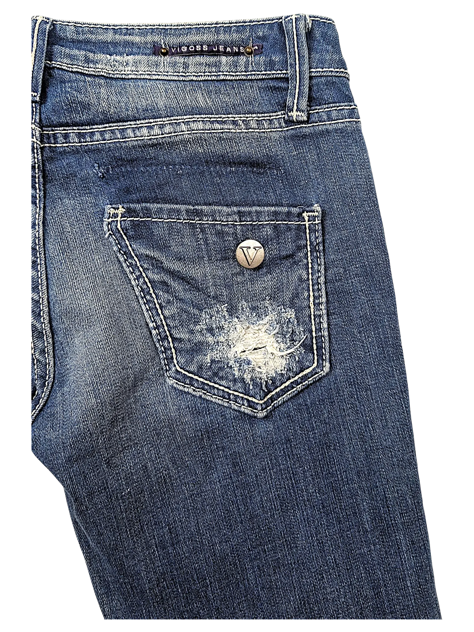 JAKE & IPI Vigoss flare jeans in dark blue denim with a distressed back pocket and silver V logo button detail