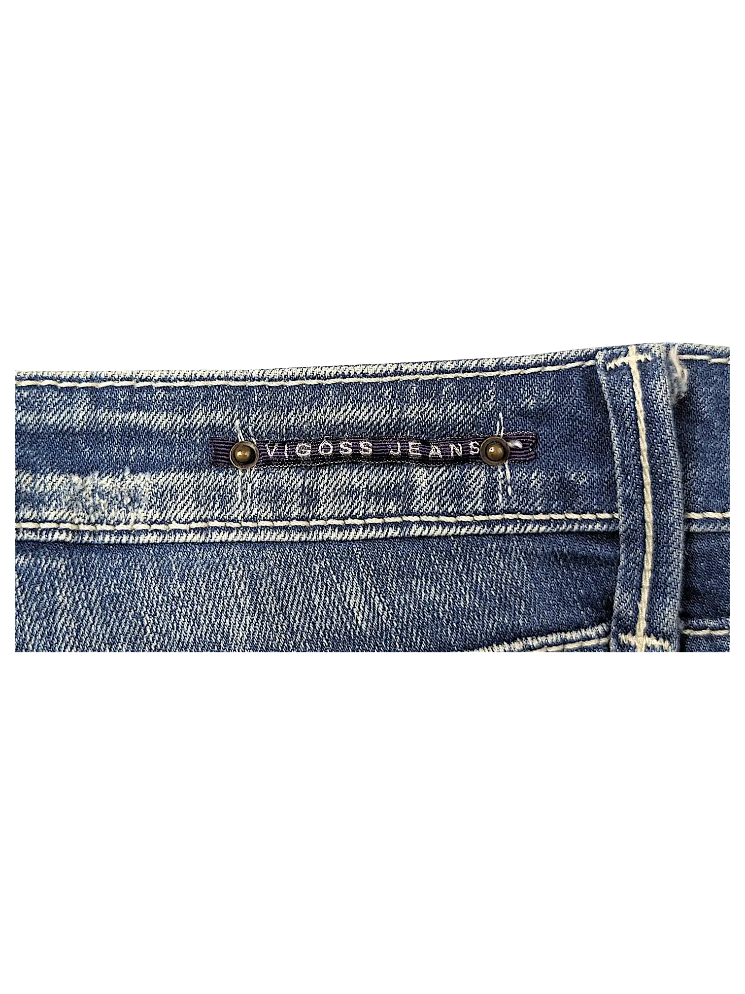 JAKE & IPI Vigoss flare jeans featuring a blue denim waistband with a branded logo patch and contrast stitching