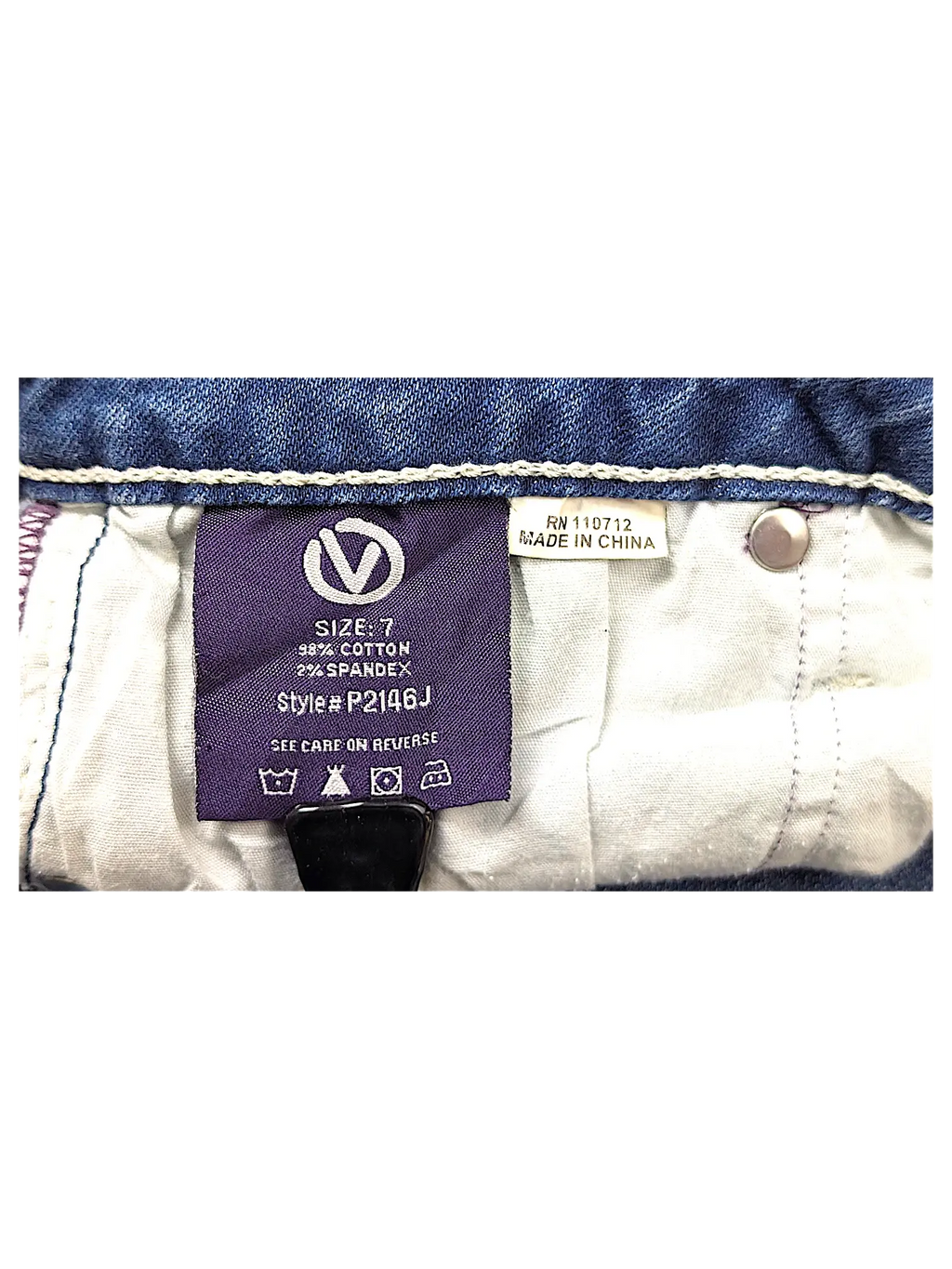 JAKE & IPI Vigoss flare jeans size 7 label showing cotton and spandex material composition