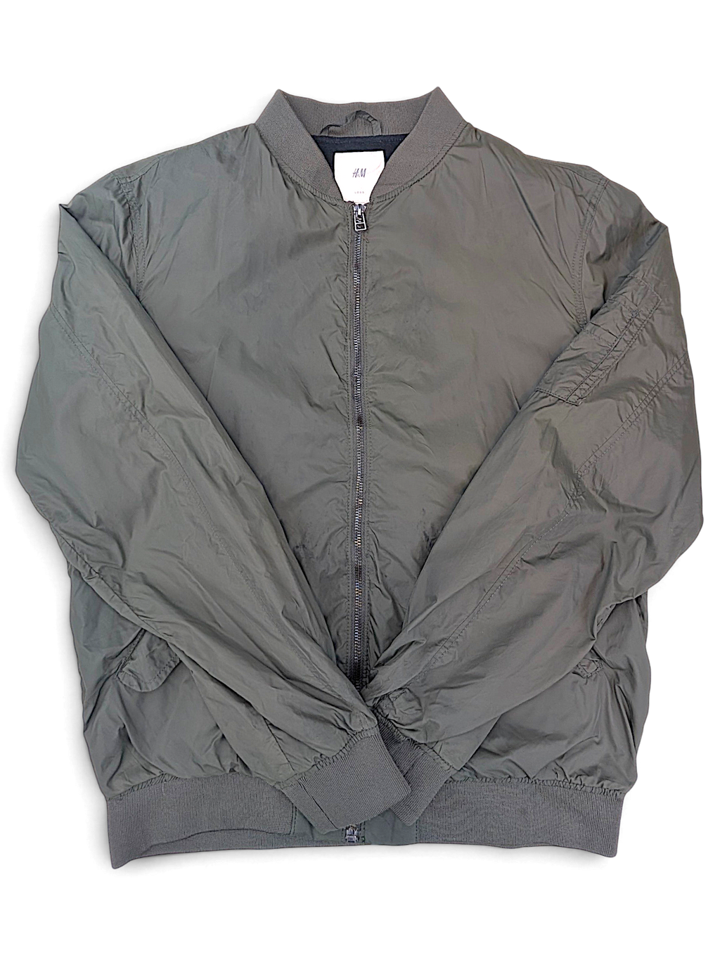 H&M L.O.G.G. Olive Green Bomber Jacket; Front view of the olive green bomber jacket.