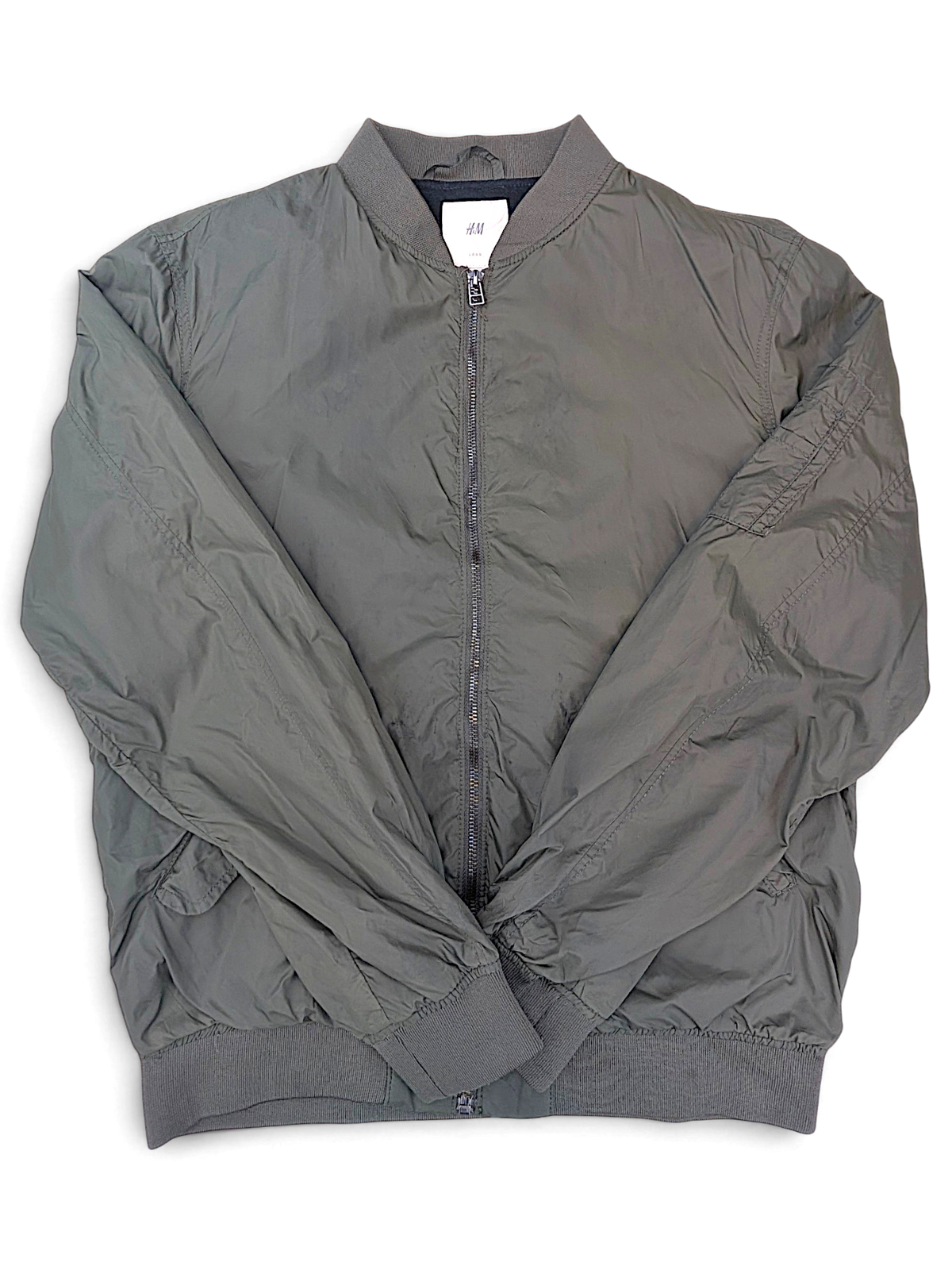 H&M L.O.G.G. Olive Green Bomber Jacket; Front view of the olive green bomber jacket.
