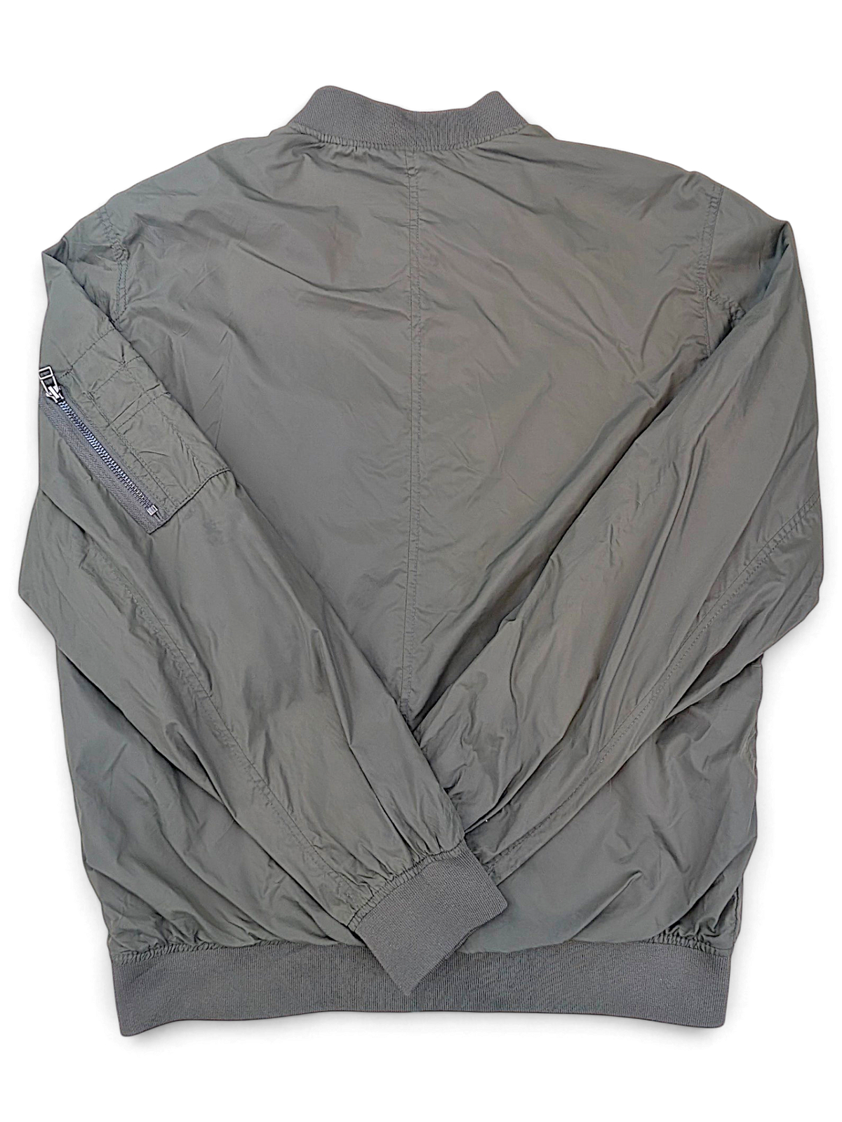 H&M L.O.G.G. Olive Green Bomber Jacket; Back and sleeve view with zipped utility pocket.