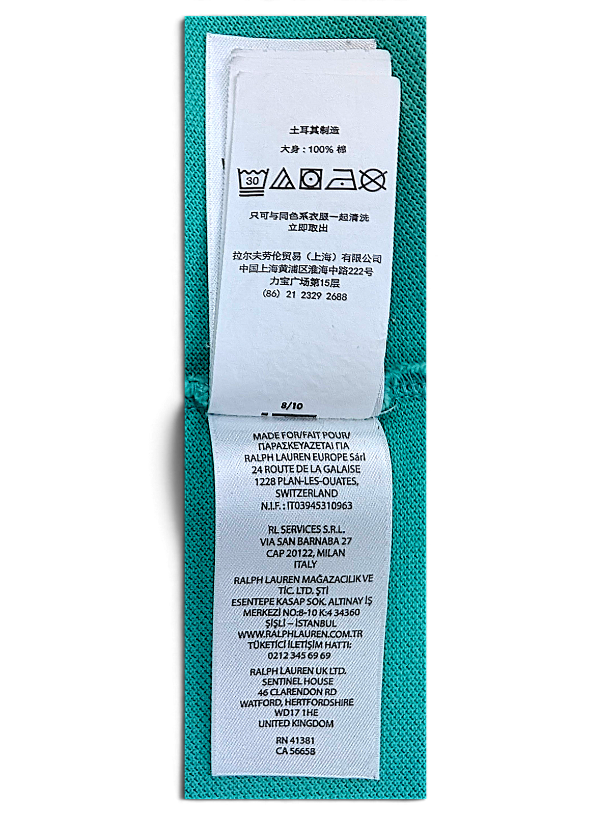 Polo Ralph Lauren manufacturer and care label inside green polo shirt