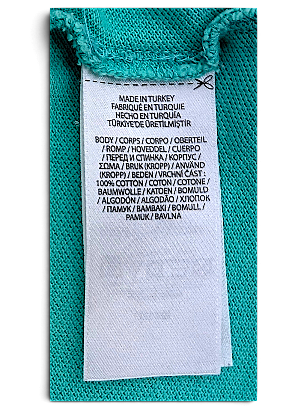 Polo Ralph Lauren polo shirt label showing 100% cotton and made in Turkey