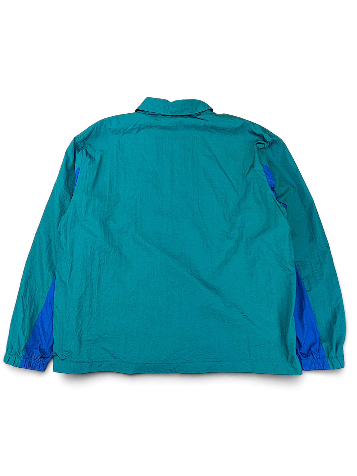 Edgar + Ash Green Colourblock Coach Jacket; Back view with blue sleeve sections.