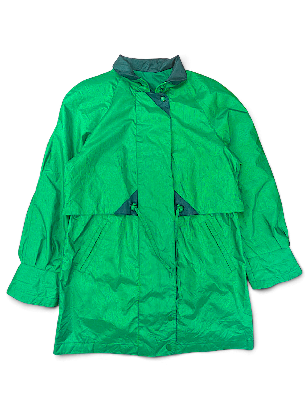 Cabin Creek Petite Green Drawcord Jacket; Front view with contrast collar and waist drawcord.
