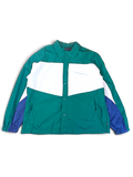 Edgar + Ash Green Colourblock Coach Jacket; Front view with green, white and dark blue panels.