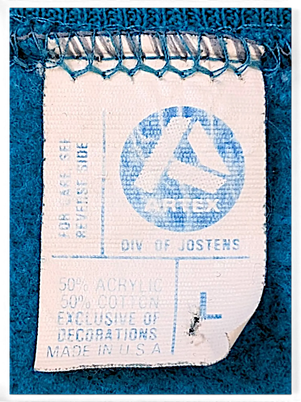 JAKE & IPI vintage Artex clothing tag showing 50% acrylic and 50% cotton fabric blend made in USA