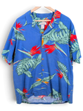 JAKE & IPI vintage blue Hawaiian shirt with red bird of paradise flowers and green tropical leaves on a wooden hanger