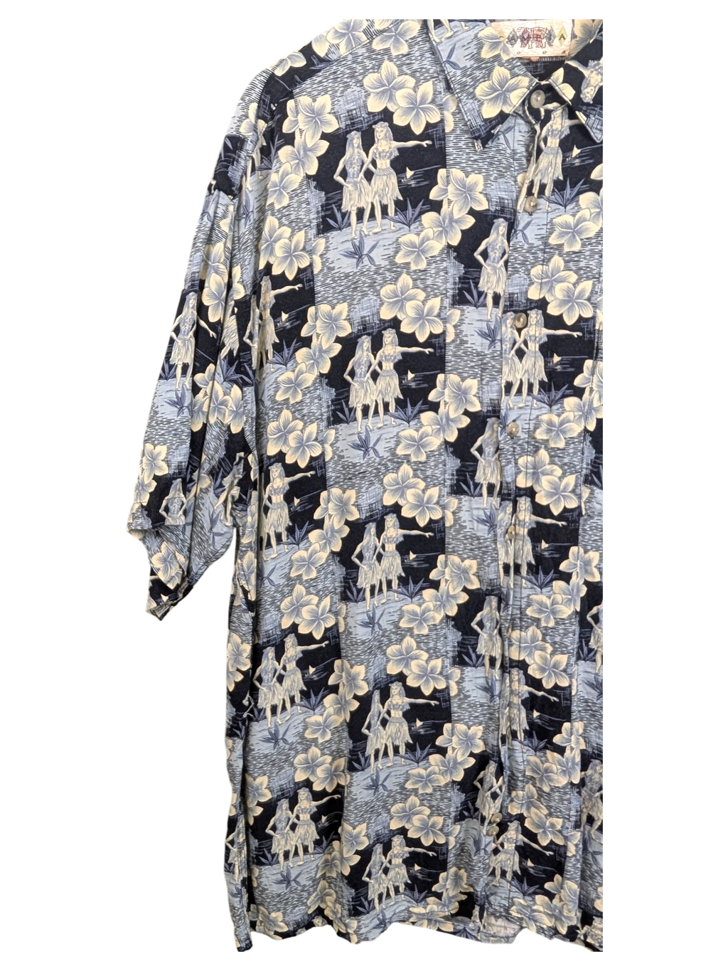 JAKE & IPI vintage 90s Campia Hawaiian shirt in blue with hula dancer and hibiscus floral print