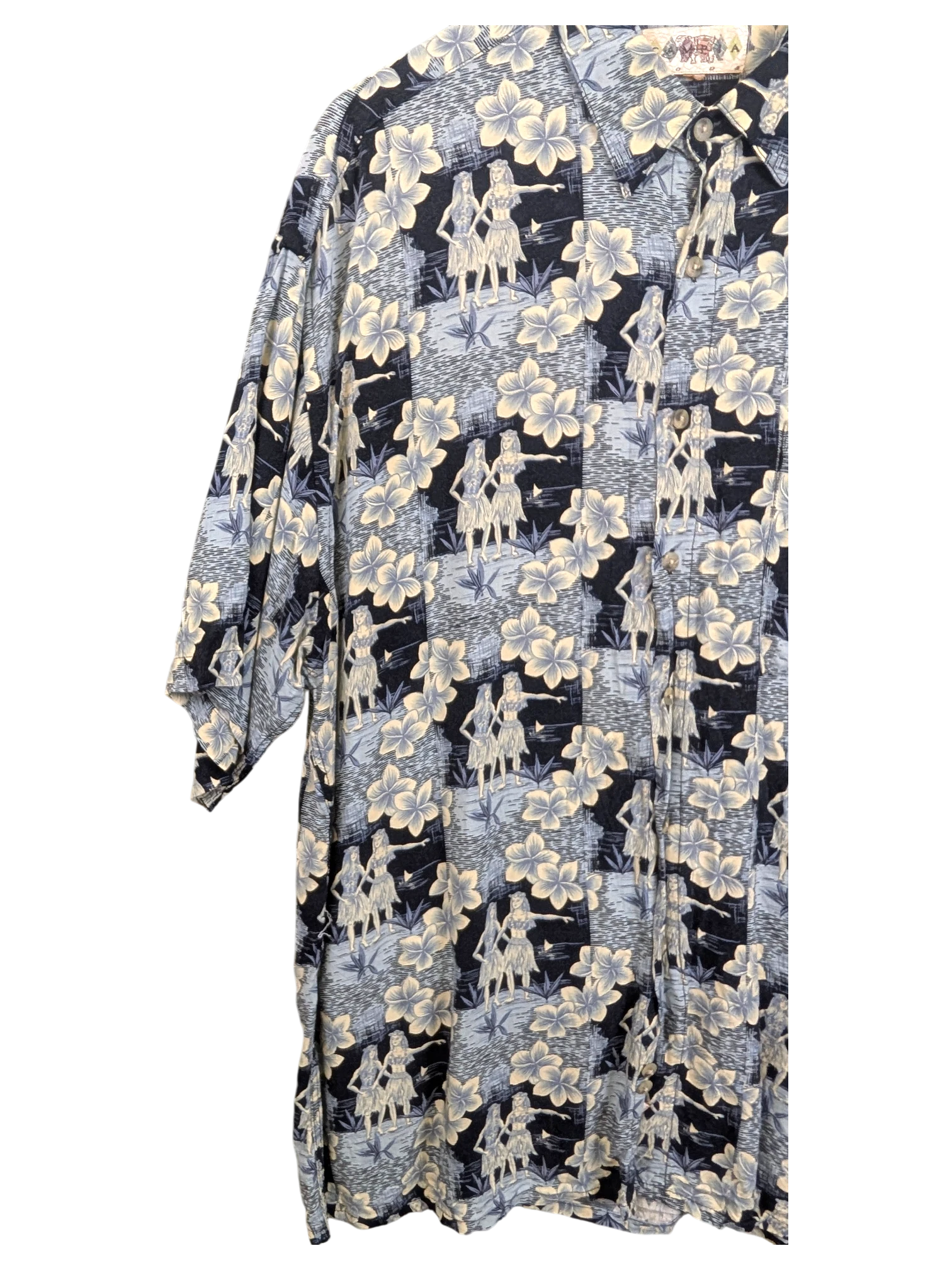 JAKE & IPI vintage 90s Campia Hawaiian shirt in blue with hula dancer and hibiscus floral print