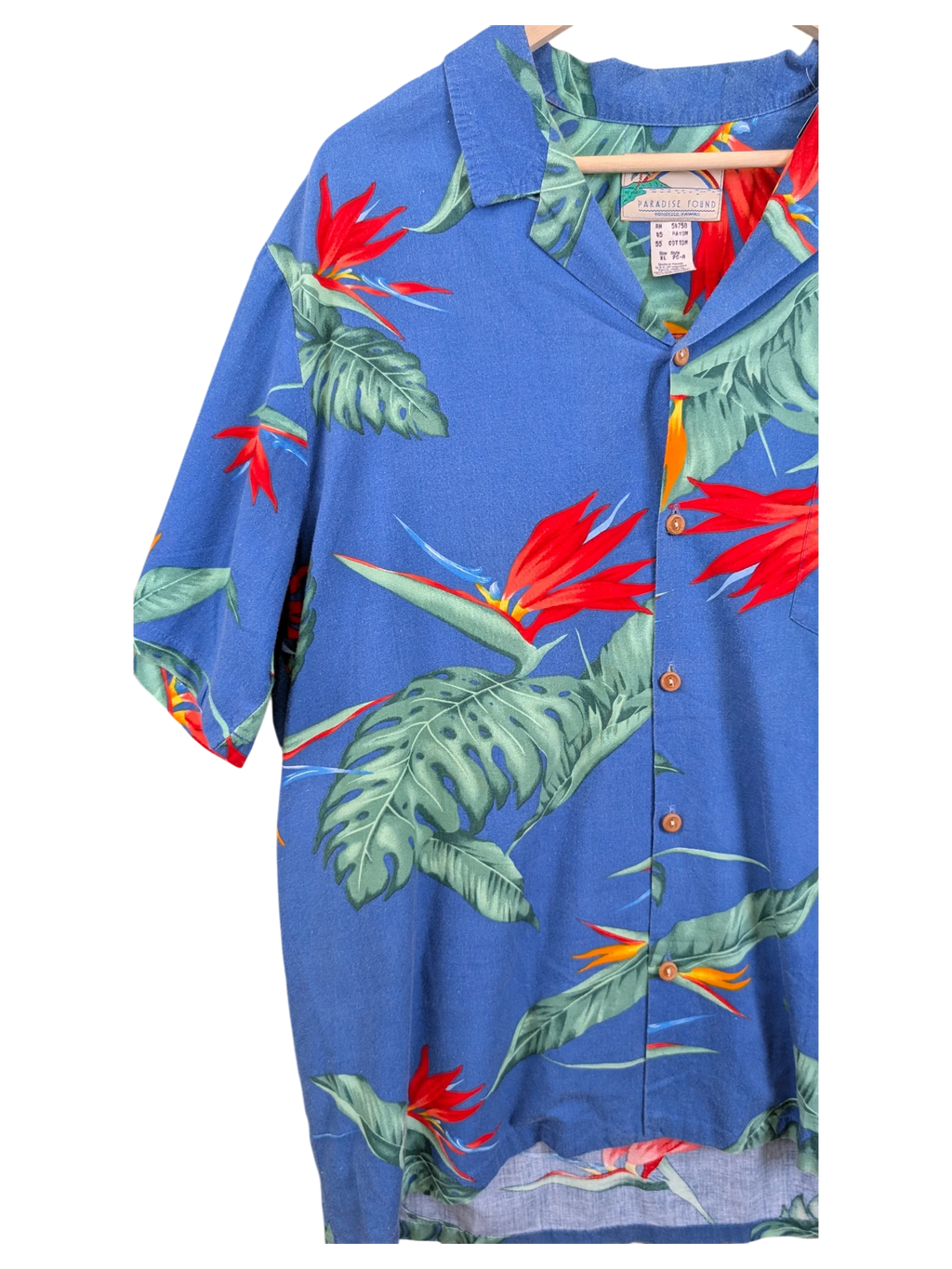 JAKE & IPI vintage blue Hawaiian shirt featuring red bird of paradise flowers and green tropical leaves
