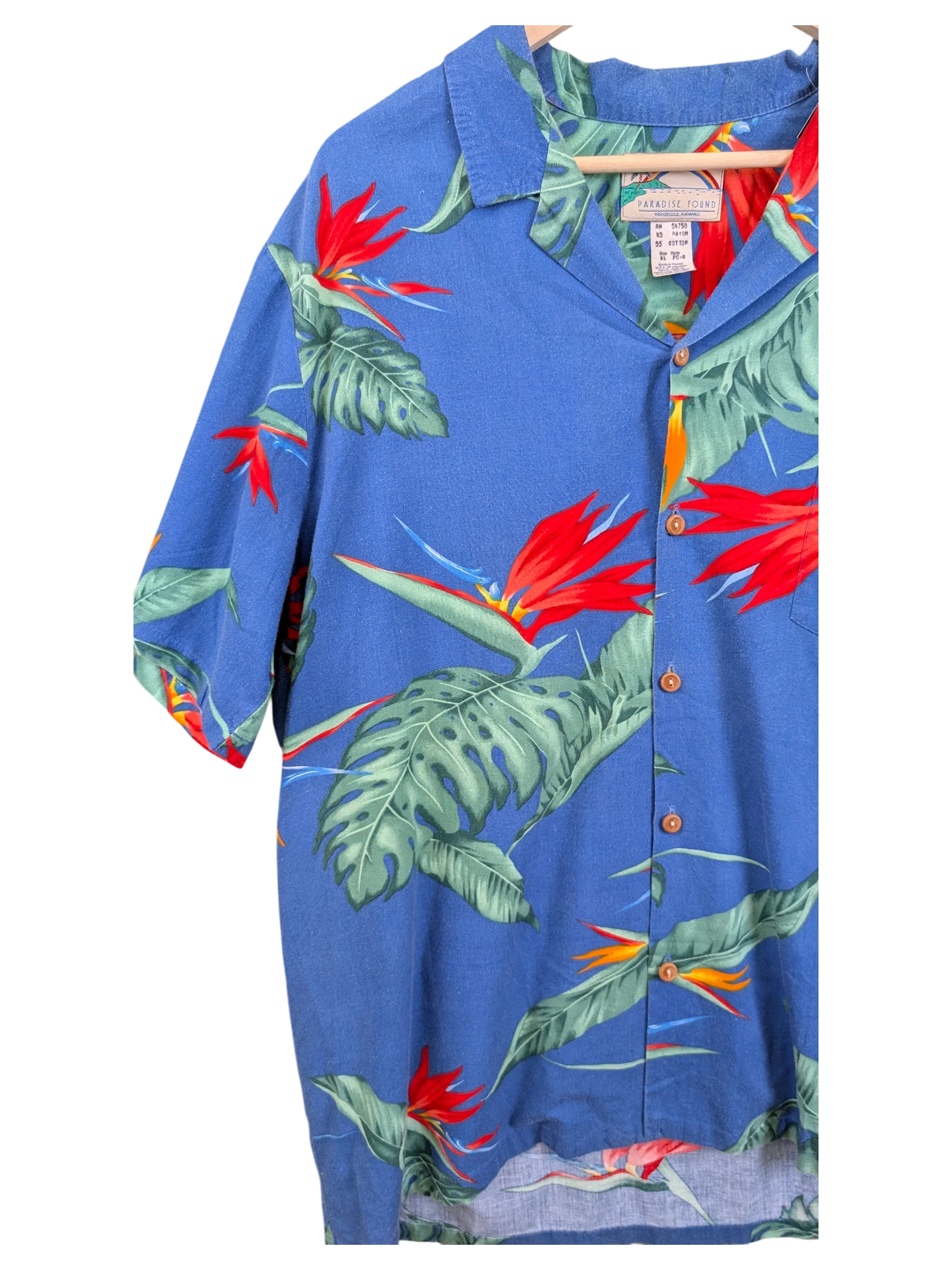 JAKE & IPI vintage blue Hawaiian shirt featuring red bird of paradise flowers and green tropical leaves