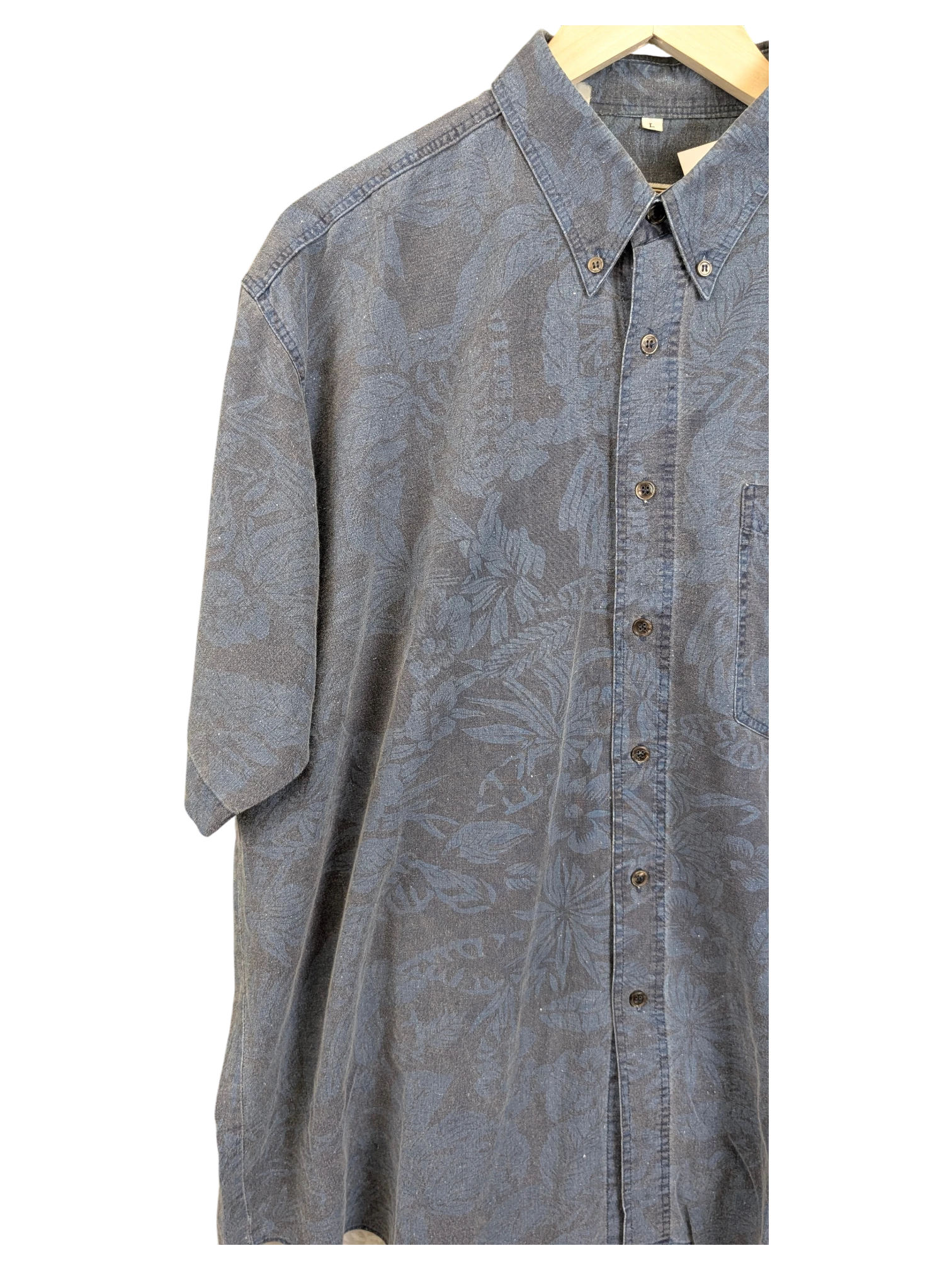 JAKE & IPI vintage 90s blue Hawaiian shirt with subtle tonal leaf print, button-down collar, and chest pocket