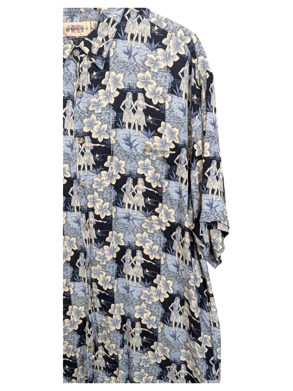 JAKE & IPI vintage 90s Campia Hawaiian shirt in blue with hula dancer and hibiscus floral print pattern