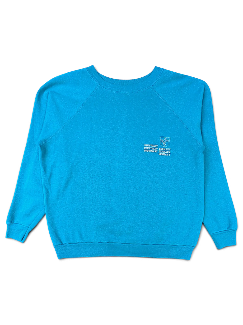 JAKE & IPI vintage blue crewneck sweatshirt featuring a white Stuttgart Germany college graphic on the chest.