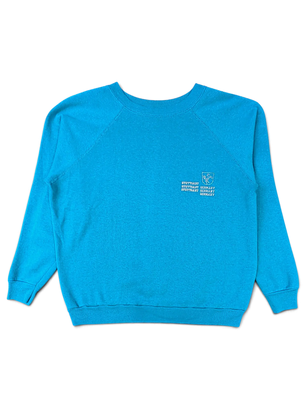 JAKE & IPI vintage blue crewneck sweatshirt featuring a white Stuttgart Germany college graphic on the chest.