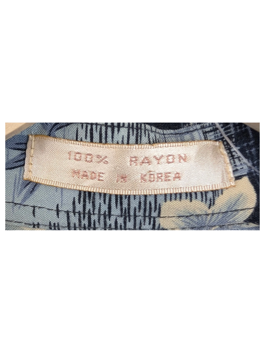 JAKE & IPI vintage Campia Moda Hawaiian shirt label showing 100% rayon material and made in Korea tag