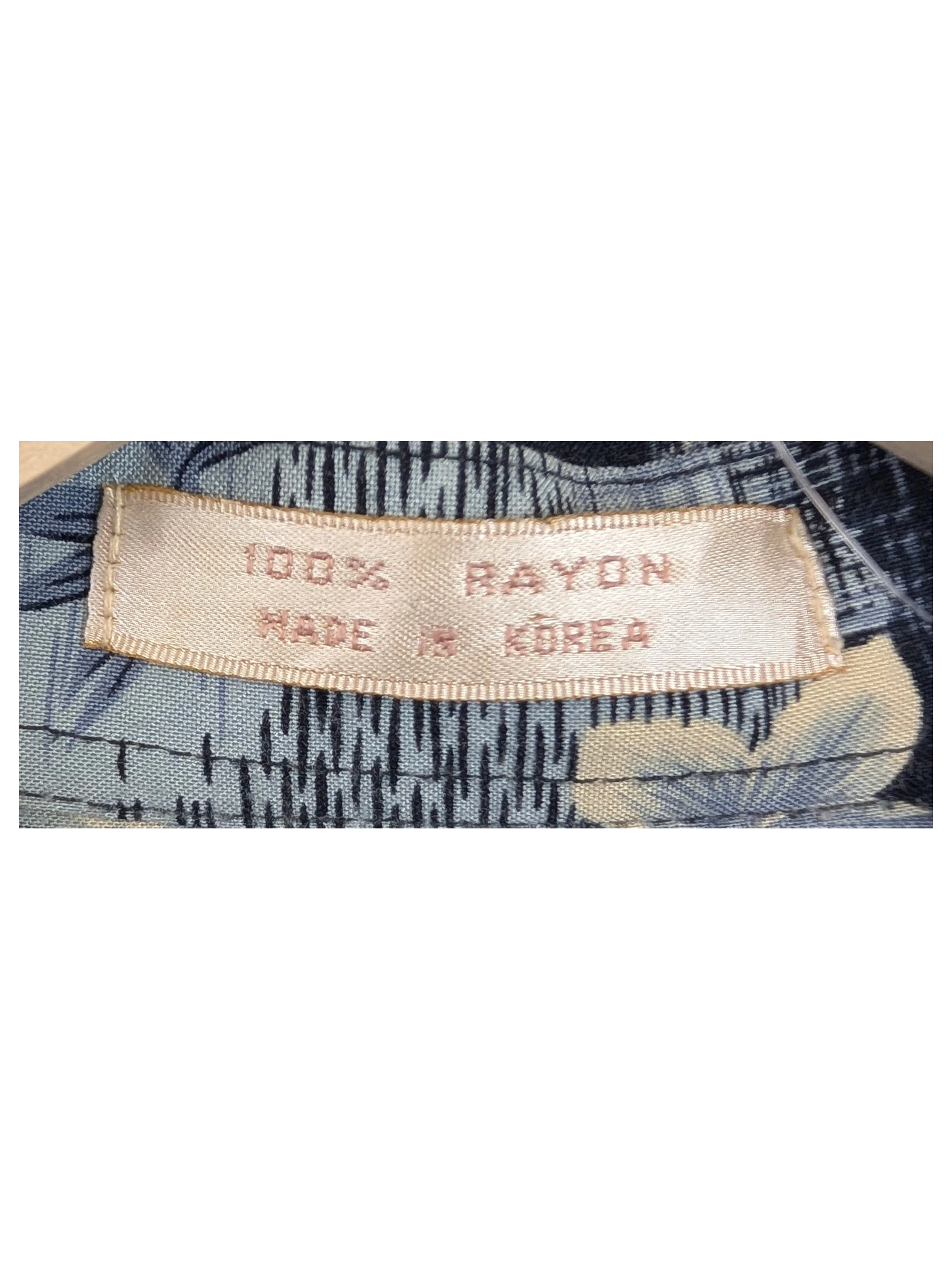 JAKE & IPI vintage Campia Moda Hawaiian shirt label showing 100% rayon material and made in Korea tag