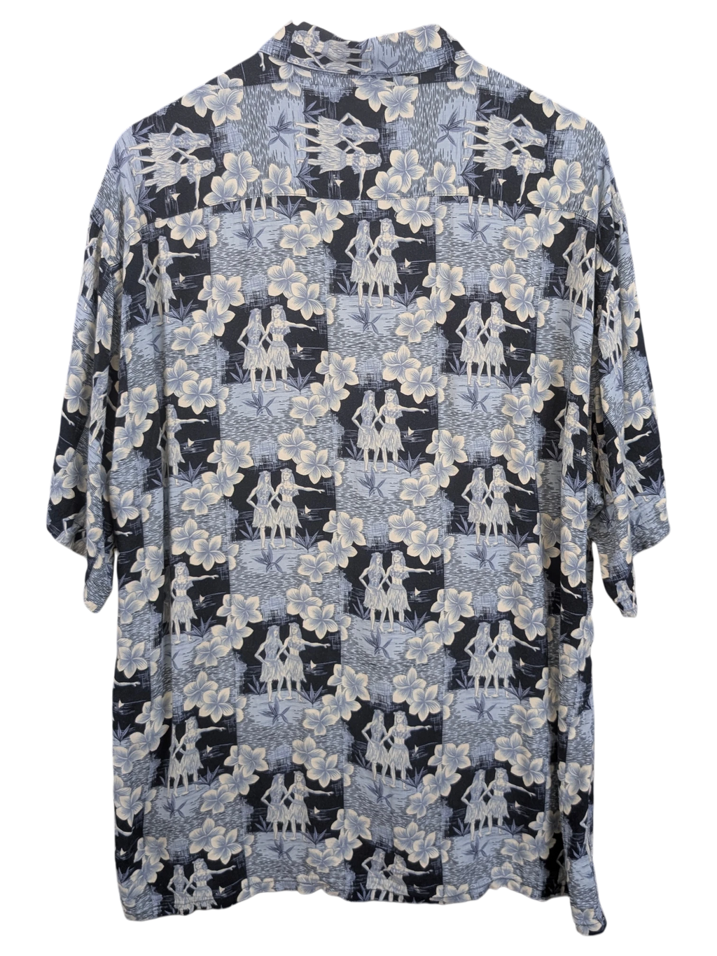 JAKE & IPI vintage 90s Campia Hawaiian shirt featuring a blue and black hula dancer and floral print pattern