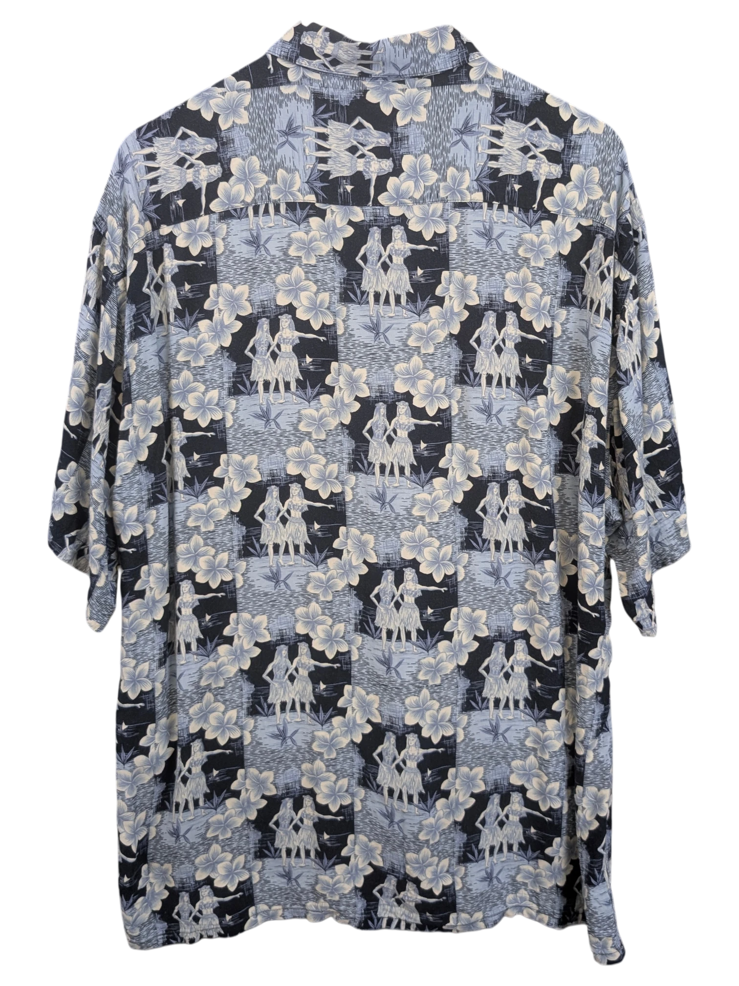 JAKE & IPI vintage 90s Campia Hawaiian shirt featuring a blue and black hula dancer and floral print pattern