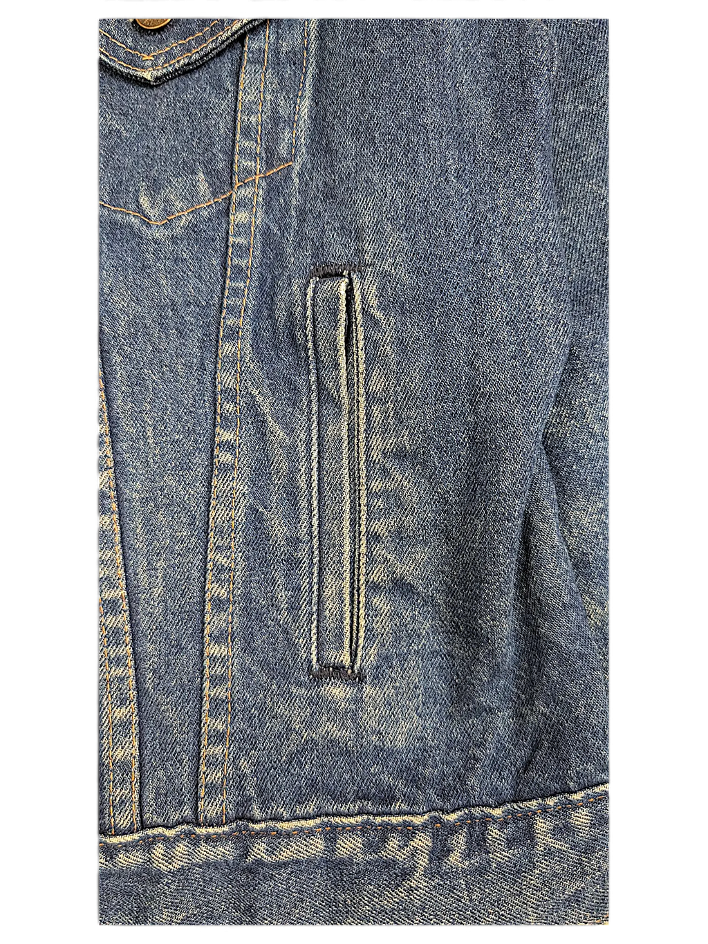 JAKE & IPI vintage blue denim jacket featuring classic contrast stitching and a vertical side pocket detail