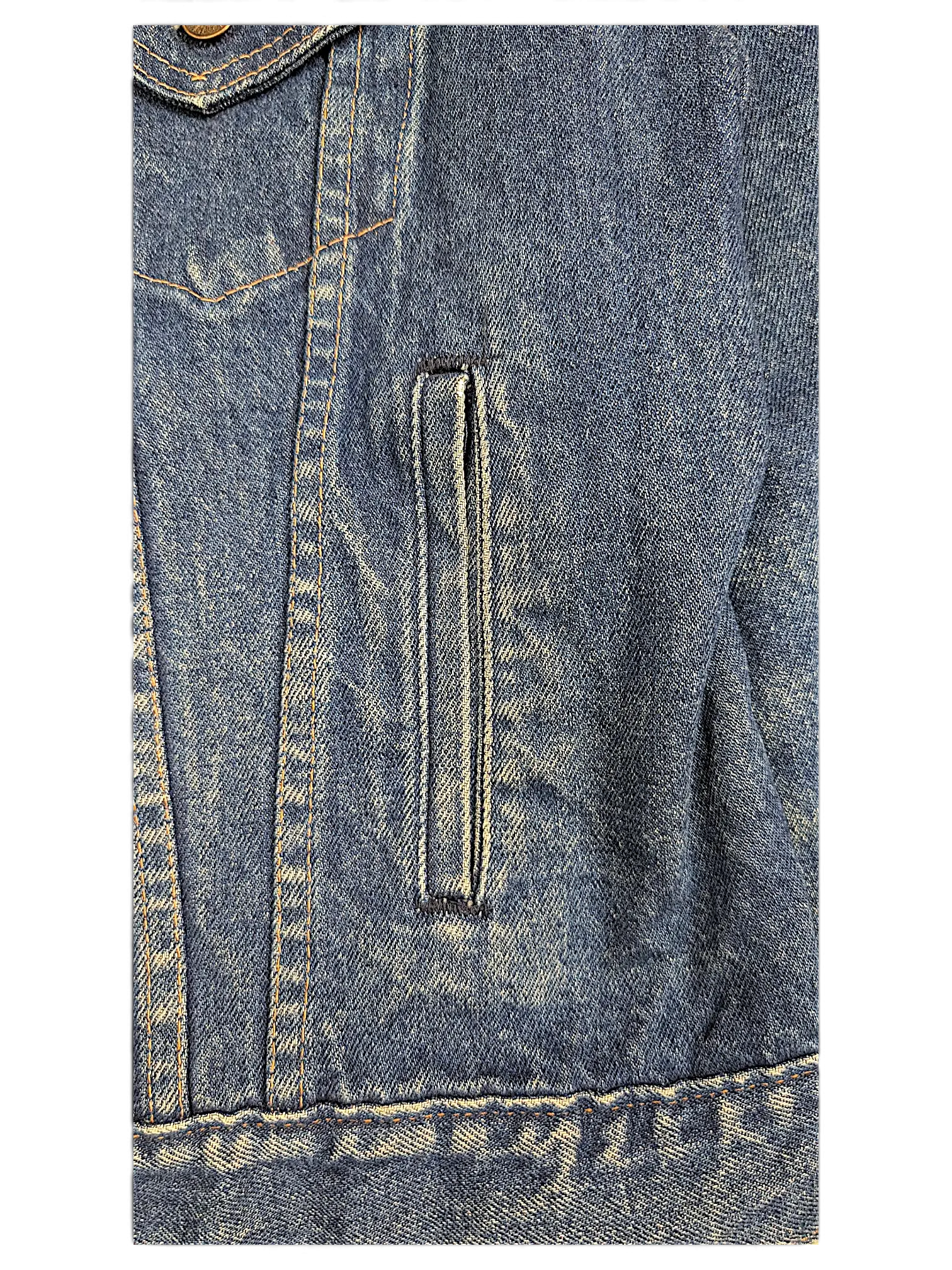 JAKE & IPI vintage blue denim jacket featuring classic contrast stitching and a vertical side pocket detail