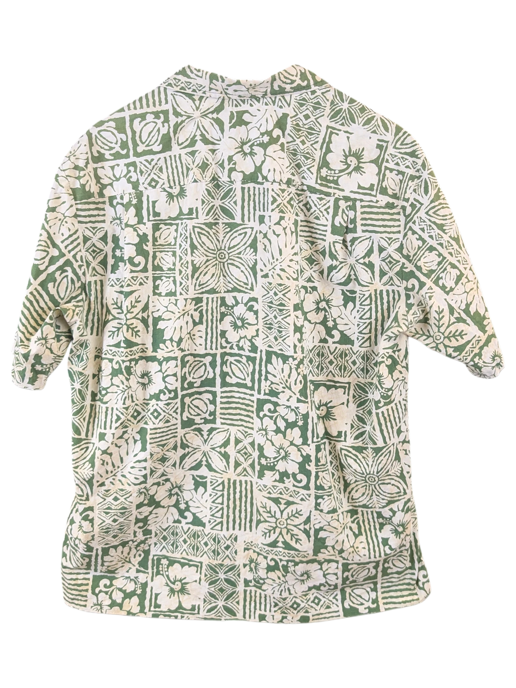 JAKE & IPI vintage 90s Hawaiian shirt in green and white with a geometric floral and turtle print pattern.