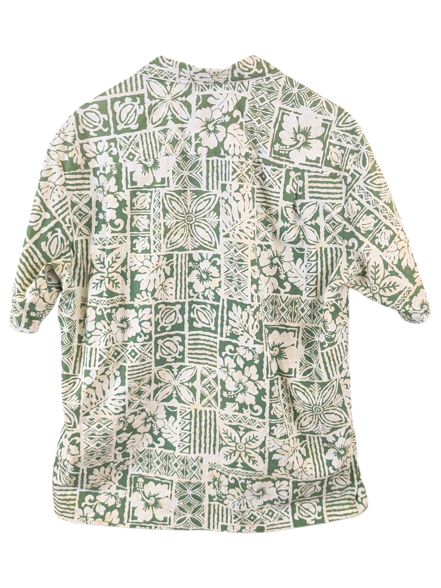 JAKE & IPI vintage 90s Hawaiian shirt in green and white with a geometric floral and turtle print pattern.