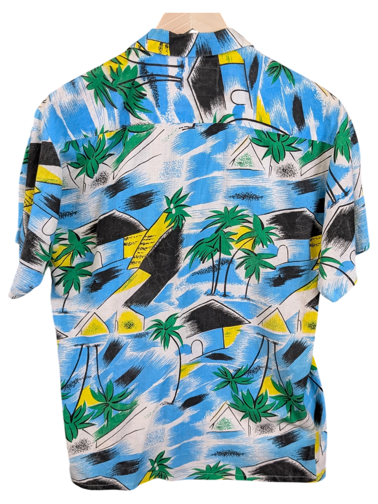 Back view of a JAKE & IPI vintage 90s Hawaiian shirt featuring a blue tropical palm tree and geometric print
