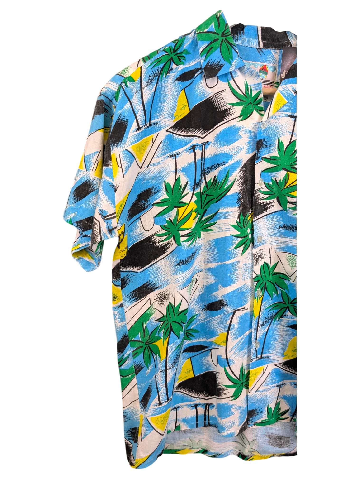 JAKE & IPI vintage 90s Hawaiian shirt featuring a blue tropical palm tree print with yellow and black accents