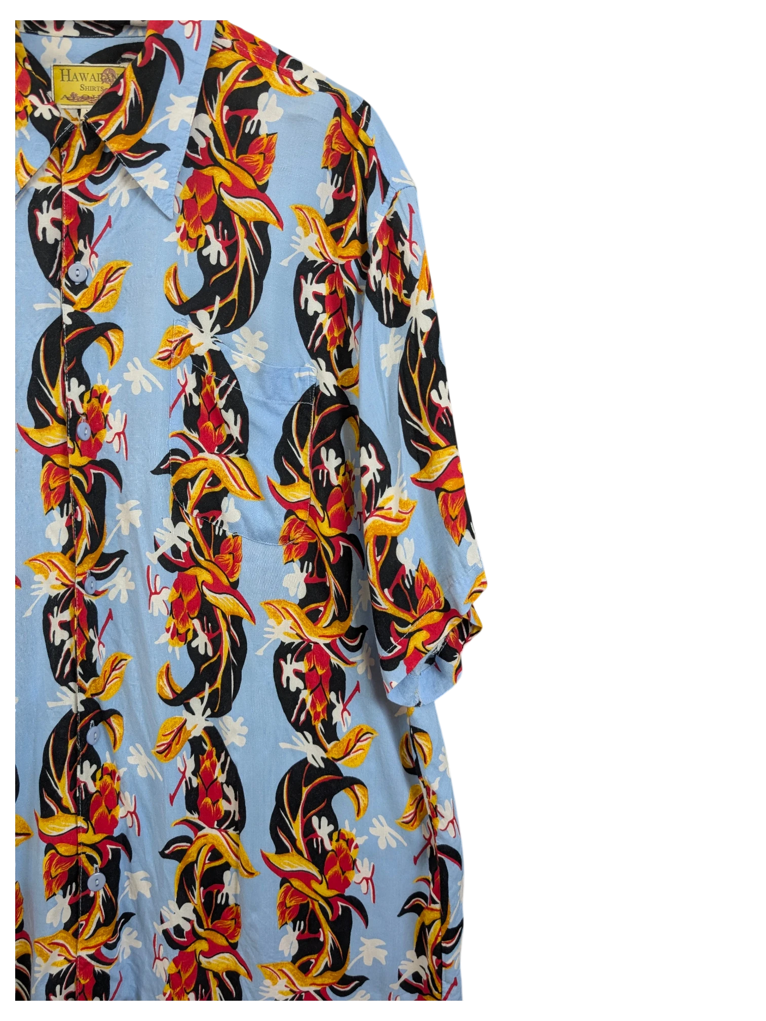 JAKE & IPI vintage 90s Hawaiian shirt in light blue with bold red, yellow, and black tropical floral print