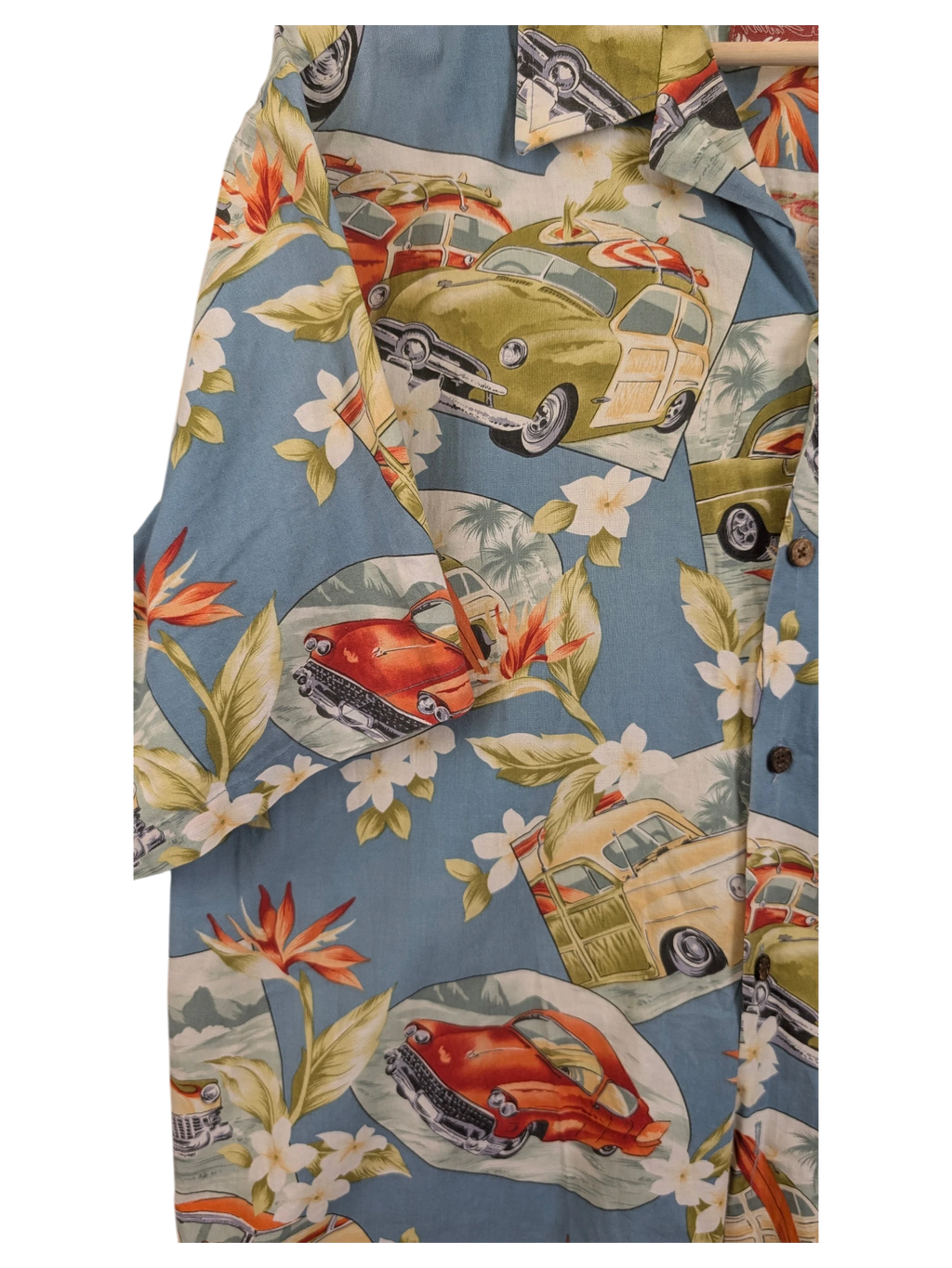 JAKE & IPI vintage RJC Hawaiian shirt in blue with a tropical floral and classic car print pattern.