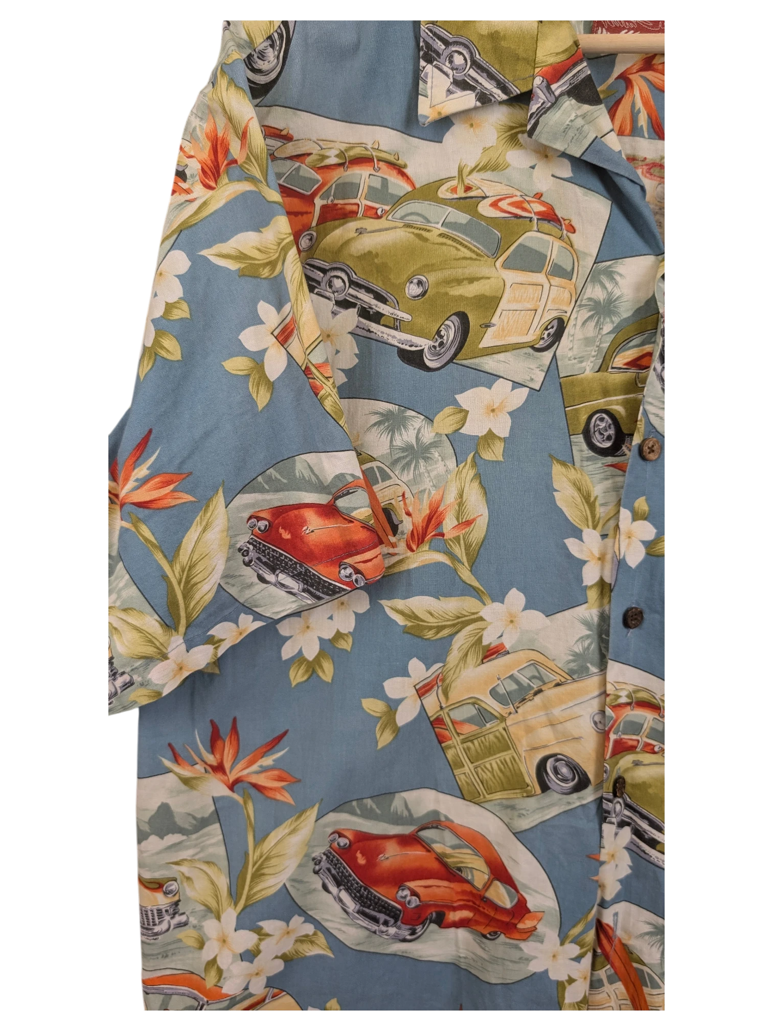 JAKE & IPI vintage RJC Hawaiian shirt in blue with a tropical floral and classic car print pattern.