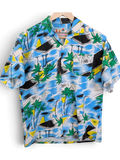 JAKE & IPI vintage 90s Hawaiian shirt with blue tropical palm tree print and abstract geometric shapes