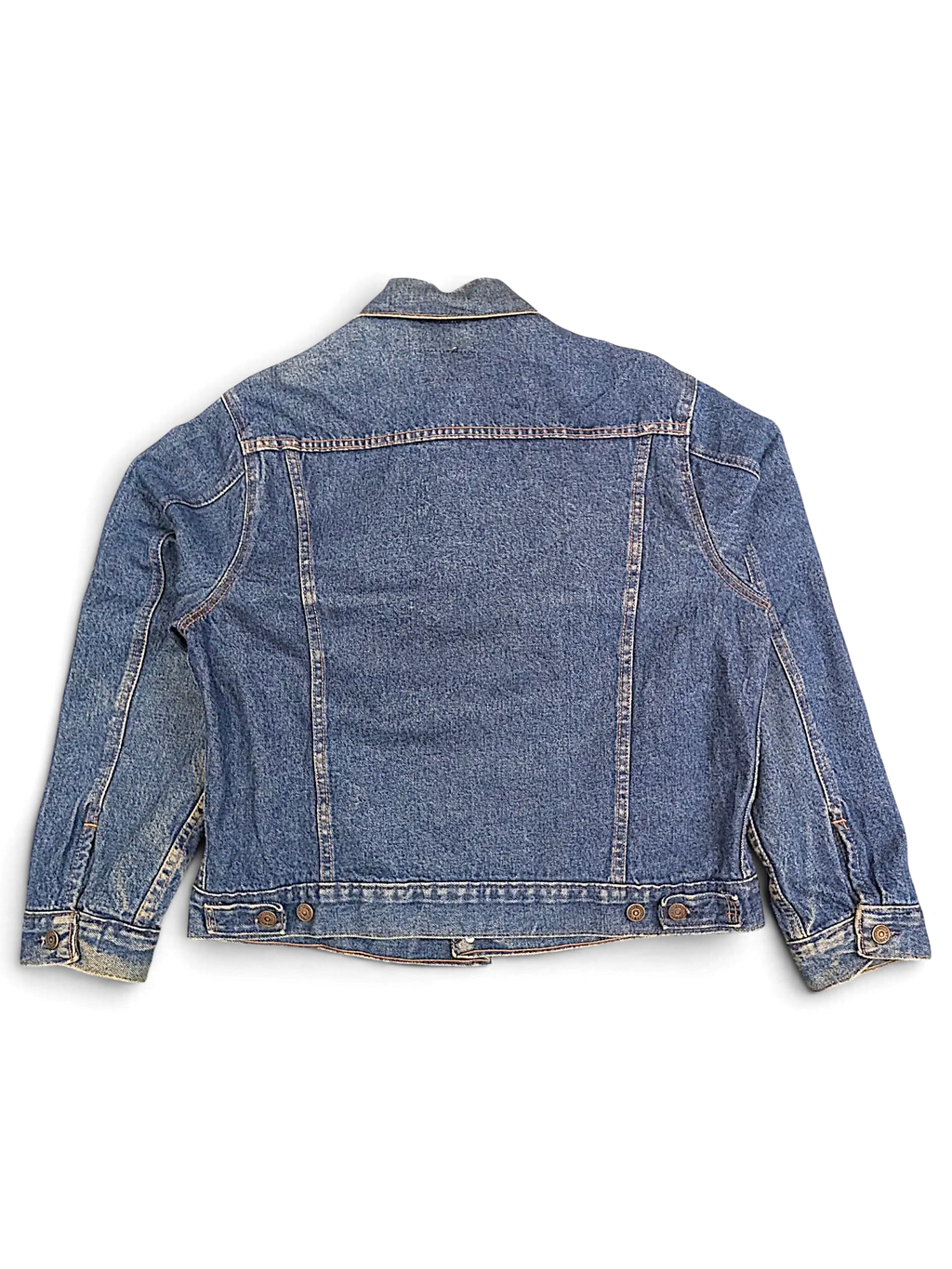 Back view of a vintage JAKE & IPI Levi's denim jacket in medium blue wash with classic stitching and button cuffs.