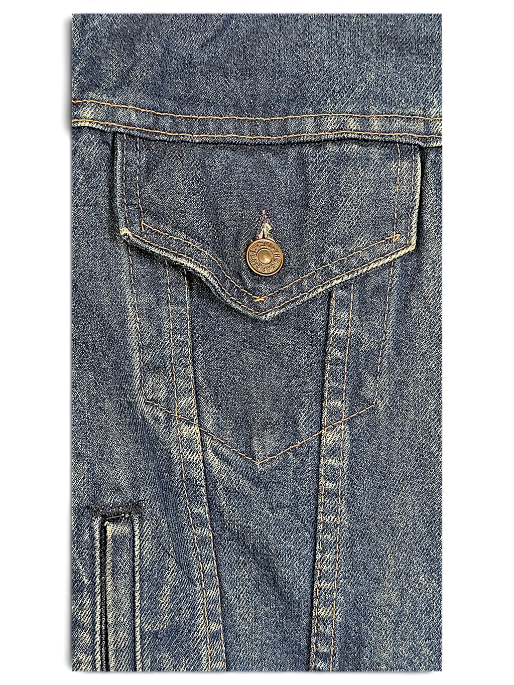 Close-up of a vintage JAKE & IPI Levi's denim jacket pocket with copper button and contrast stitching