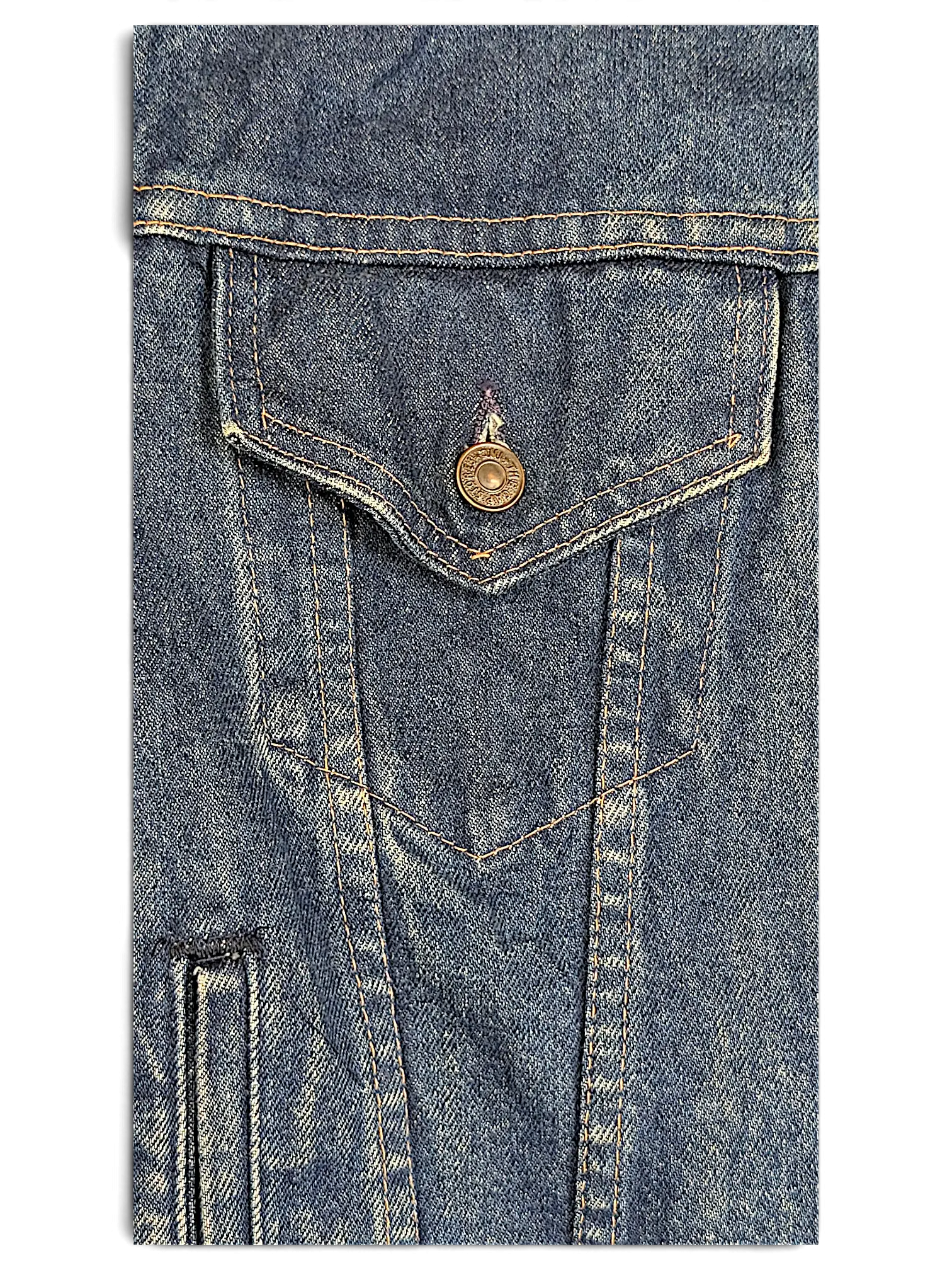 Close-up of a vintage JAKE & IPI Levi's denim jacket pocket with copper button and contrast stitching