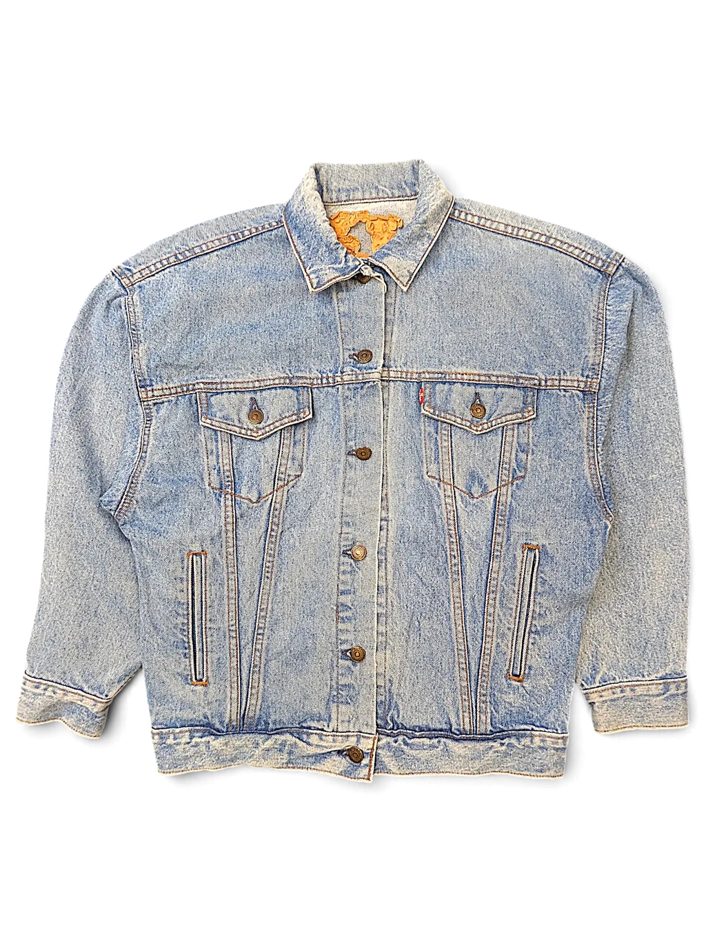 JAKE & IPI vintage light wash denim jacket with button front, dual chest pockets, and a worn Levi's brand tag