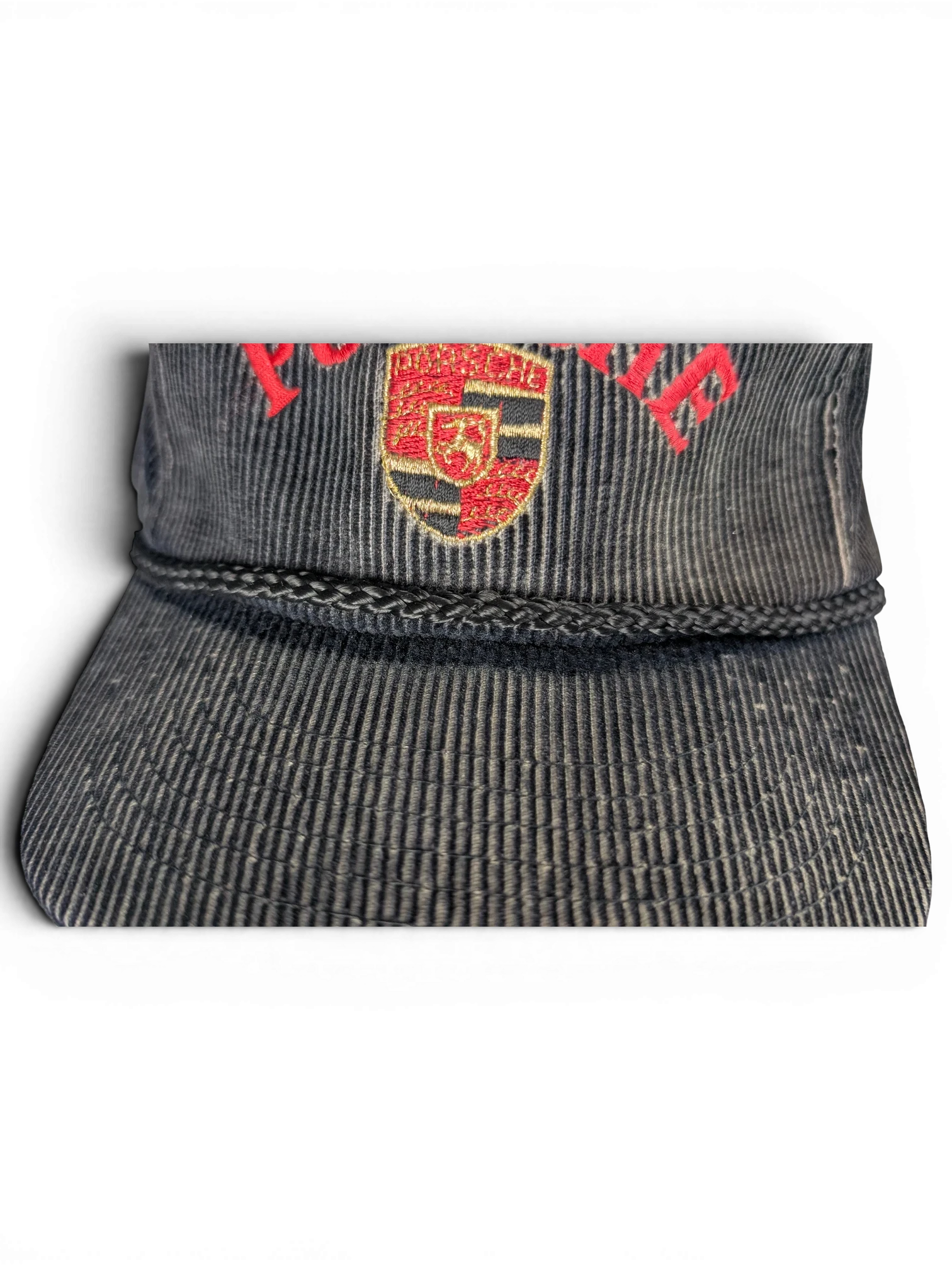 JAKE & IPI vintage black corduroy baseball cap with embroidered red Porsche logo and braided rope detail on brim