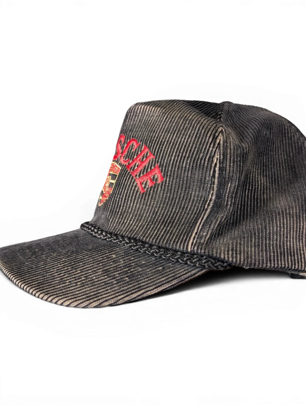JAKE & IPI vintage black corduroy baseball cap with red Porsche logo embroidery and braided brim detail
