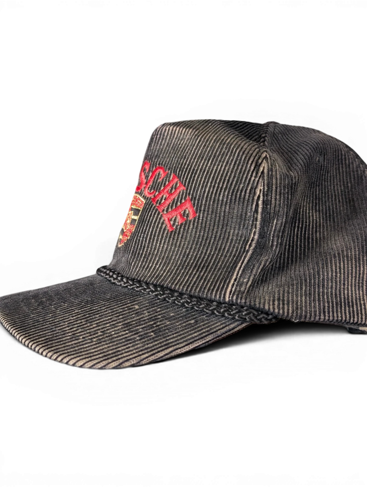 JAKE & IPI vintage black corduroy baseball cap with red Porsche logo embroidery and braided brim detail