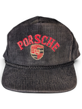 JAKE & IPI vintage black corduroy baseball cap with red embroidered Porsche logo and braided brim detail