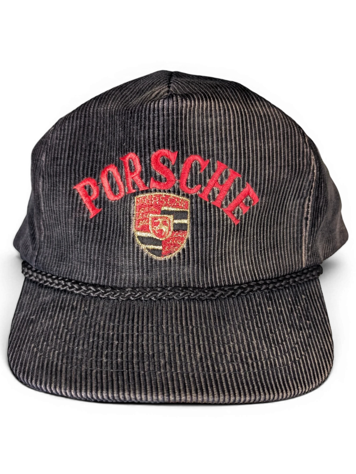 JAKE & IPI vintage black corduroy baseball cap with red embroidered Porsche logo and braided brim detail