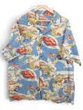 JAKE & IPI vintage RJC Hawaiian shirt in blue with classic car and tropical floral print on a wooden hanger