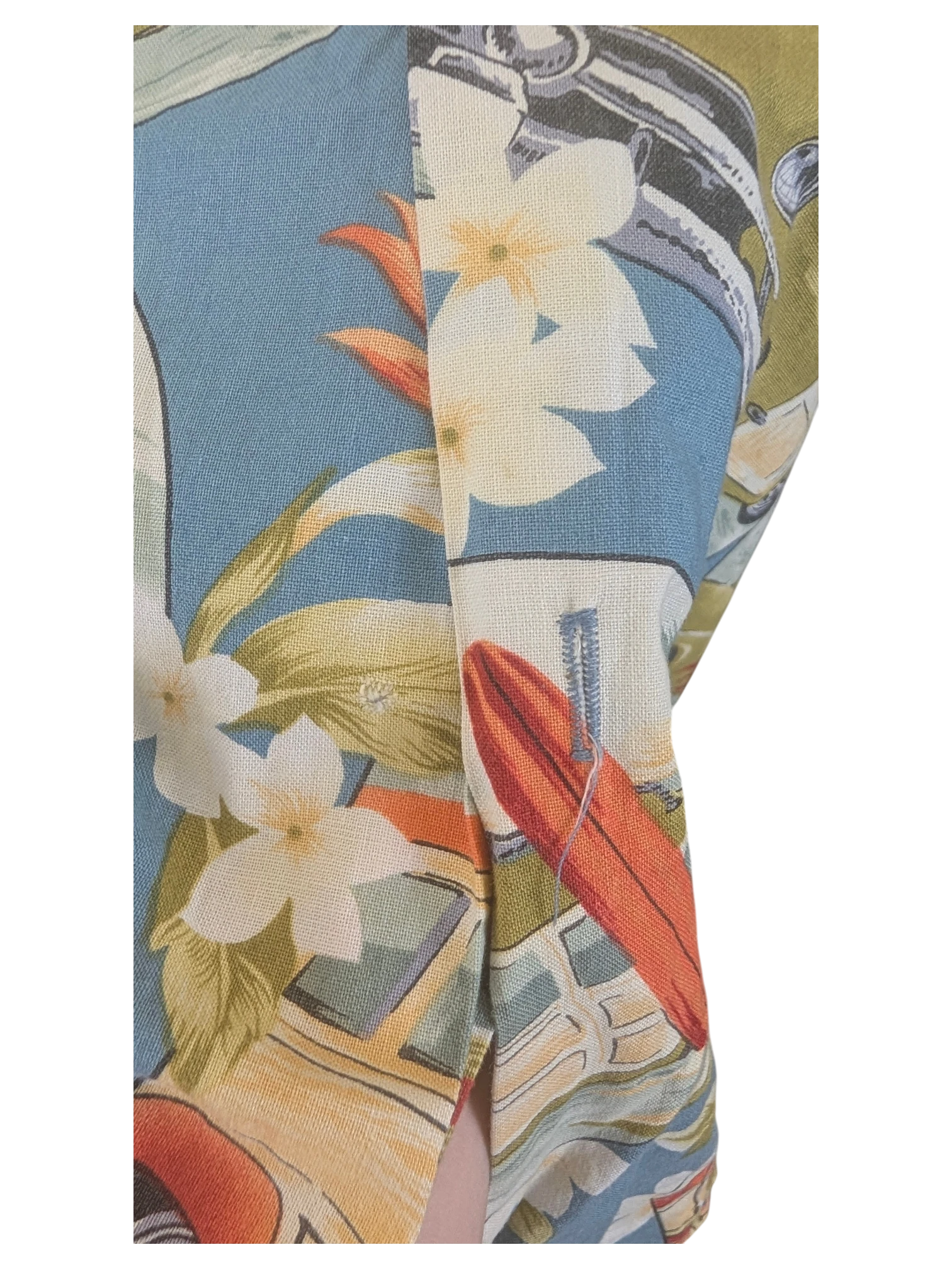 JAKE & IPI vintage RJC Hawaiian shirt featuring a blue floral and surfboard print with a buttonhole detail